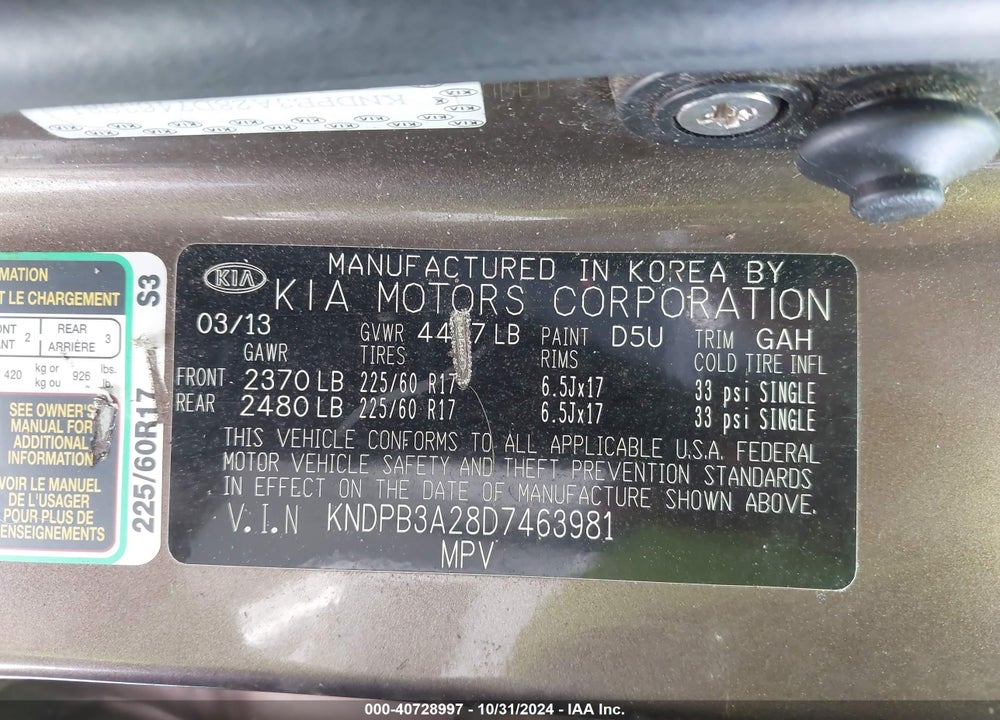 2013 KIA SPORTAGE LX VIN: KNDPB3A28D7463981