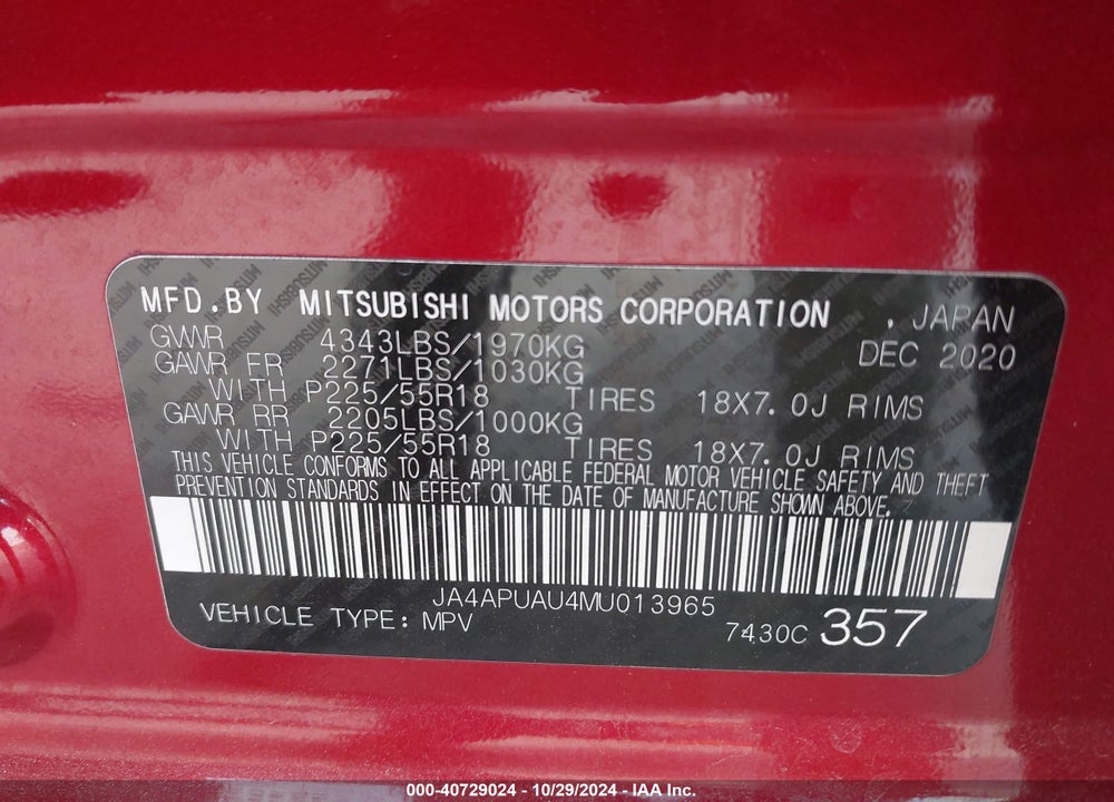 2021 MITSUBISHI OUTLANDER SPORT 2.0 BE 2WD/2.0 ES 2WD/2.0 LE 2WD/2.0 S 2WD VIN: JA4APUAU4MU013965