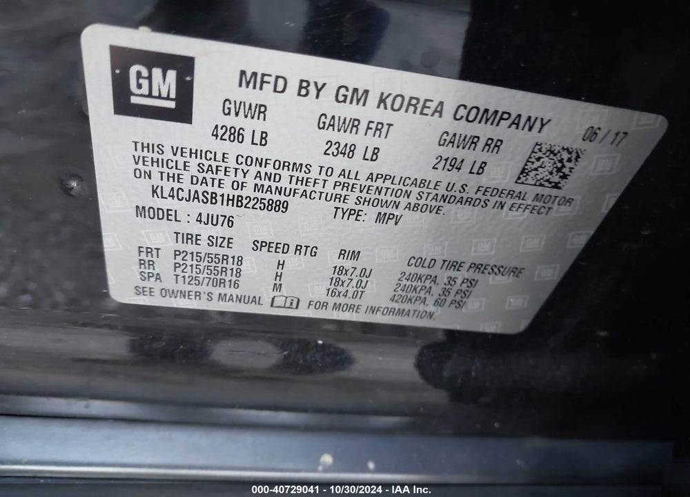2017 BUICK ENCORE PREFERRED VIN: KL4CJASB1HB225889