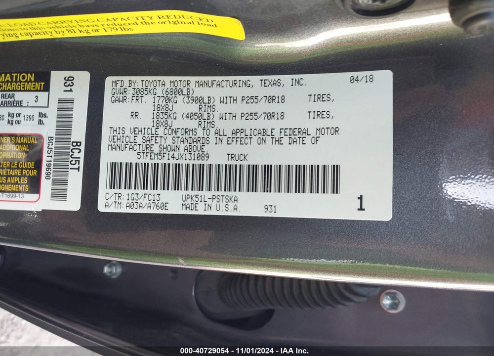 2018 TOYOTA TUNDRA SR5 4.6L V8 VIN: 5TFEM5F14JX131089