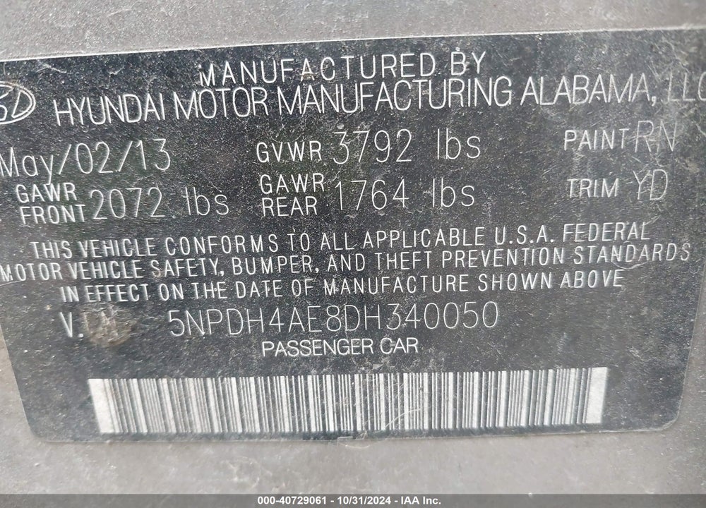 2013 HYUNDAI ELANTRA GLS VIN: 5NPDH4AE8DH340050