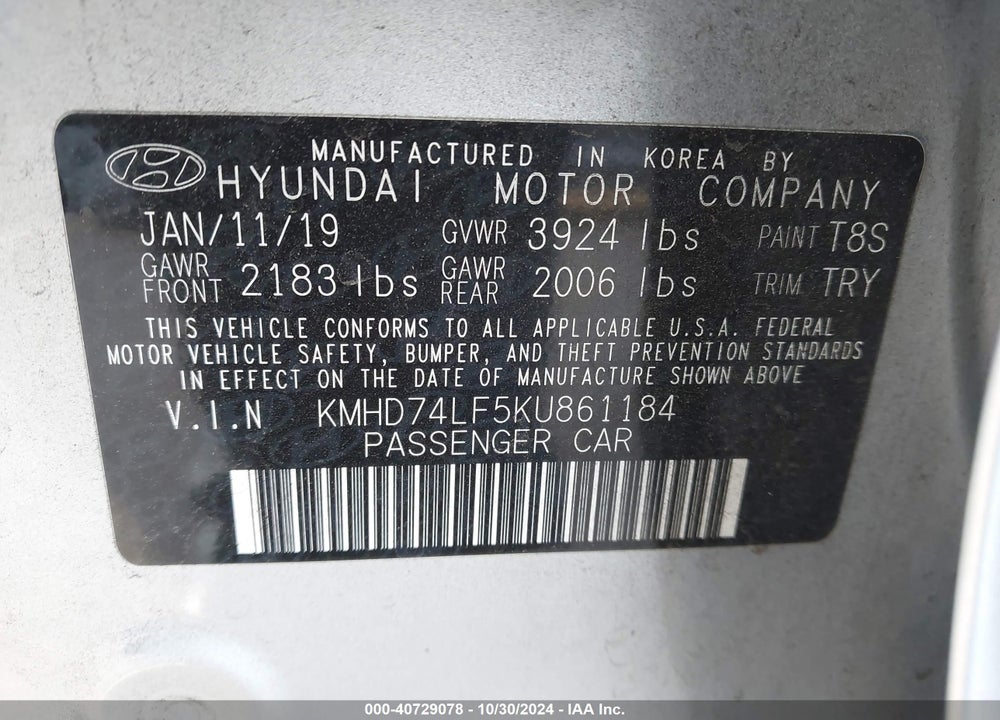 2019 HYUNDAI ELANTRA SE VIN: KMHD74LF5KU861184