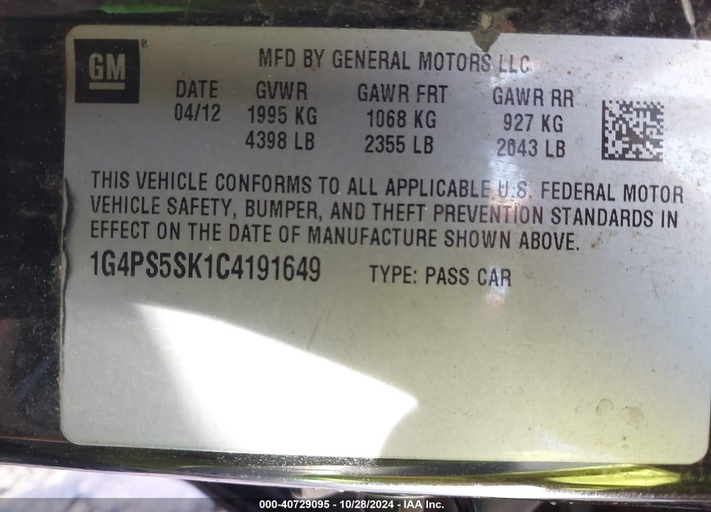 2012 BUICK VERANO LEATHER GROUP VIN: 1G4PS5SK1C4191649