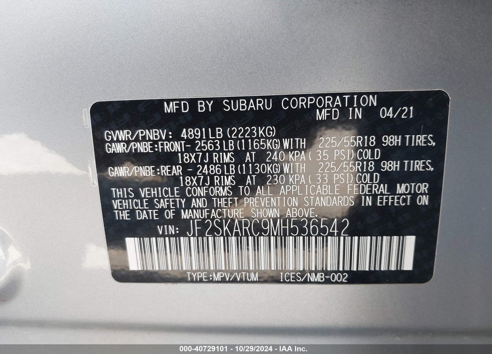 2021 SUBARU FORESTER SPORT VIN: JF2SKARC9MH536542