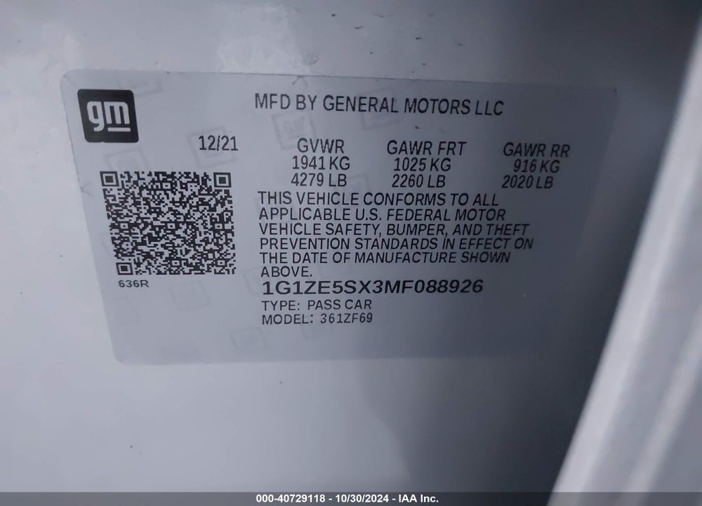 2021 CHEVROLET MALIBU FWD PREMIER VIN: 1G1ZE5SX3MF088926