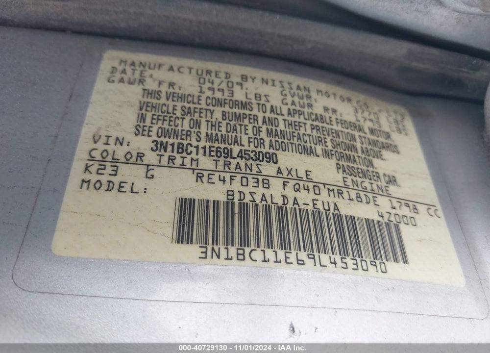 2009 NISSAN VERSA 1.8S VIN: 3N1BC11E69L453090