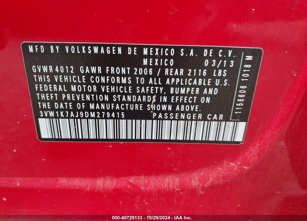 2013 VOLKSWAGEN JETTA 2.0L S VIN: 3VW1K7AJ9DM279415