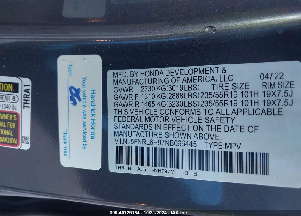 2022 HONDA ODYSSEY ELITE VIN: 5FNRL6H97NB066445