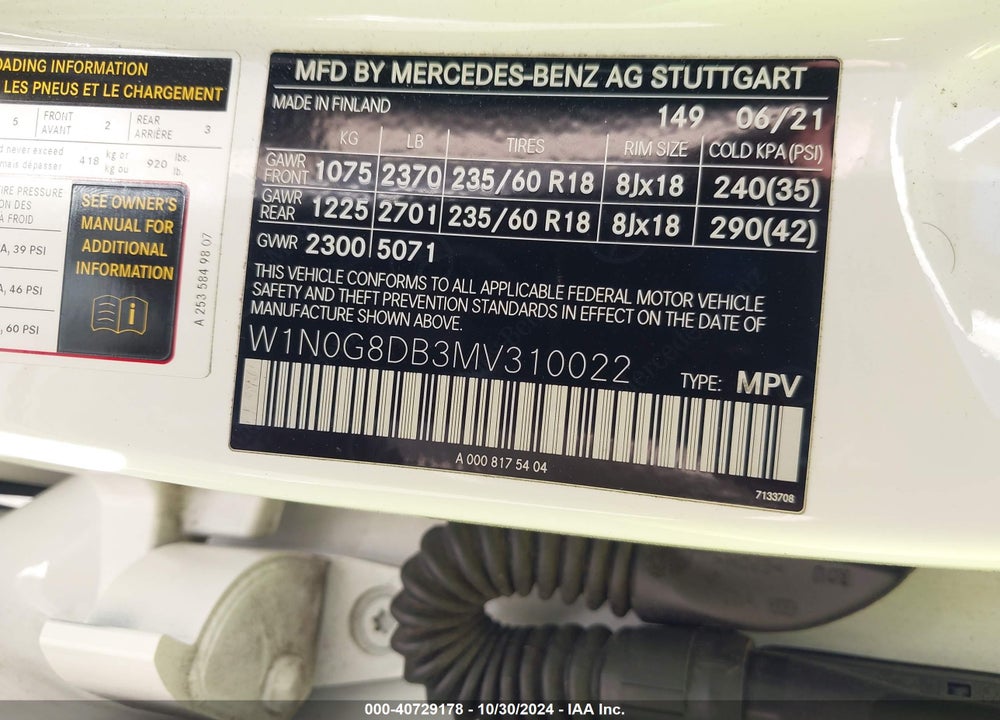 2021 MERCEDES-BENZ GLC 300 SUV VIN: W1N0G8DB3MV310022