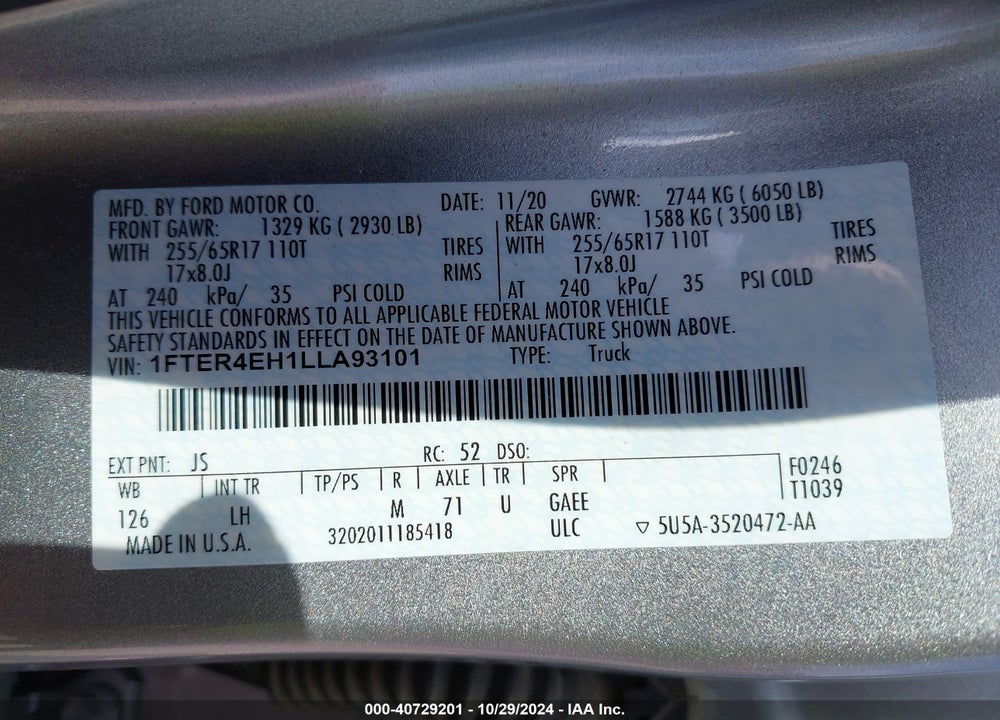 2020 FORD RANGER XLT VIN: 1FTER4EH1LLA93101