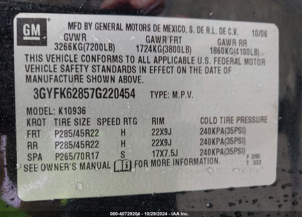 2007 CADILLAC ESCALADE EXT STANDARD VIN: 3GYFK62857G220454