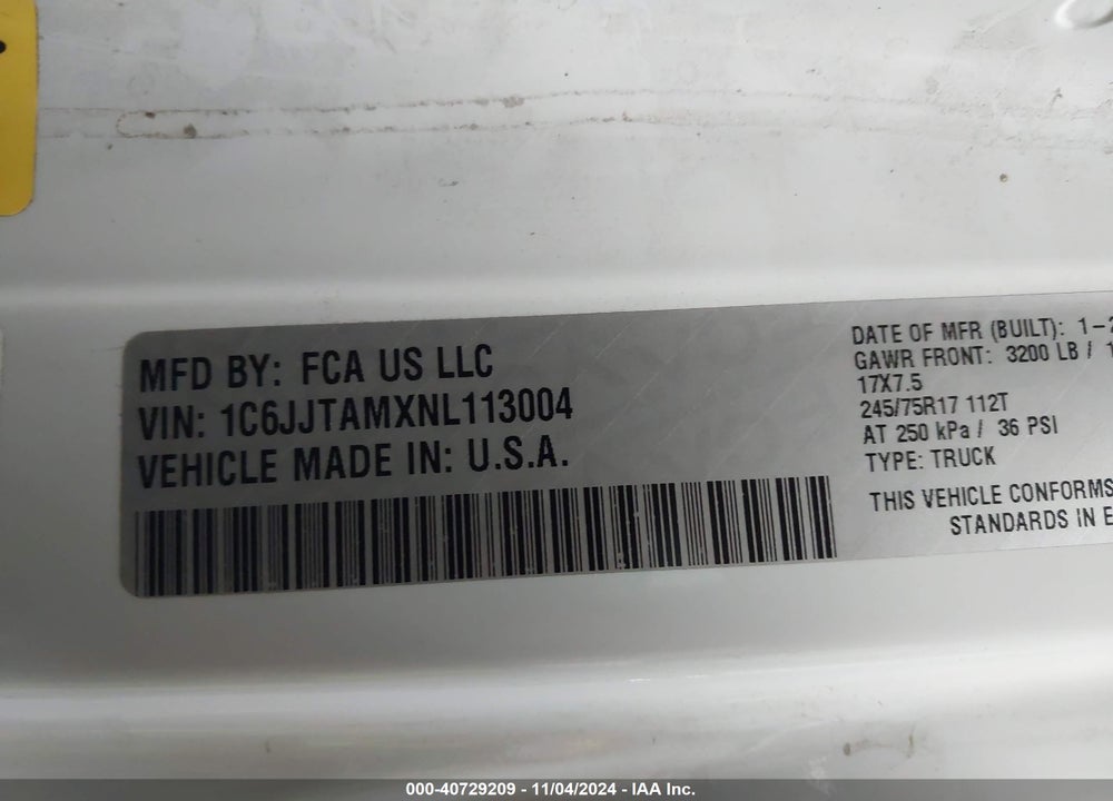 2022 JEEP GLADIATOR SPORT S 4X4 VIN: 1C6JJTAMXNL113004
