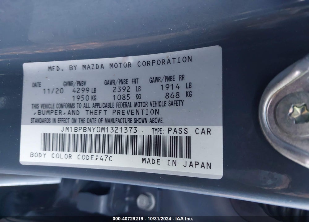 2021 MAZDA MAZDA3 VIN: JM1BPBNY0M1321373