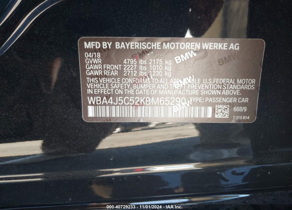 2019 BMW 440I GRAN COUPE VIN: WBA4J5C52KBM65290