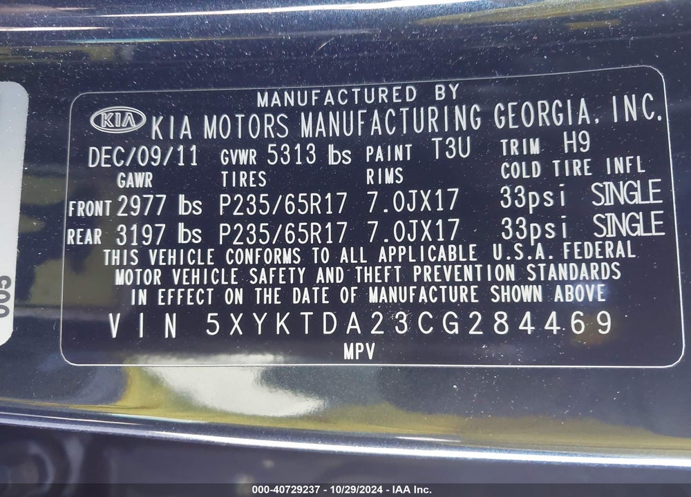 2012 KIA SORENTO LX V6 VIN: 5XYKTDA23CG284469