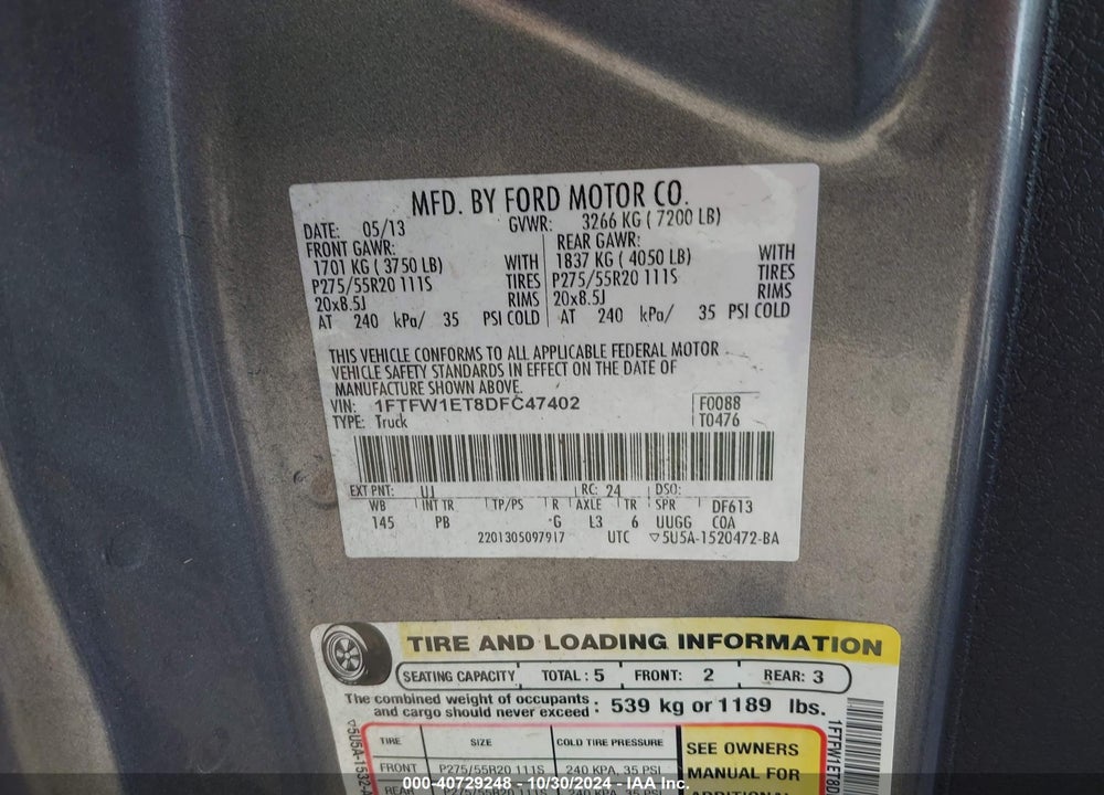 2013 FORD F-150 PLATINUM VIN: 1FTFW1ET8DFC47402