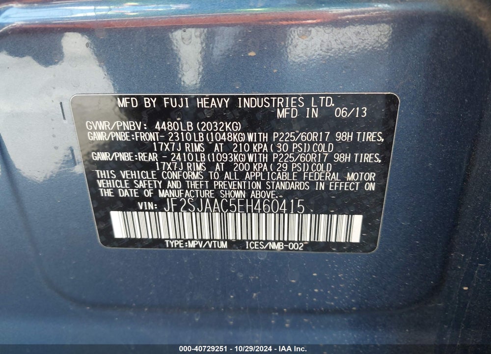 2014 SUBARU FORESTER 2.5I VIN: JF2SJAAC5EH460415