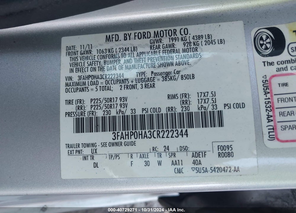 2012 FORD FUSION SE VIN: 3FAHP0HA3CR222344