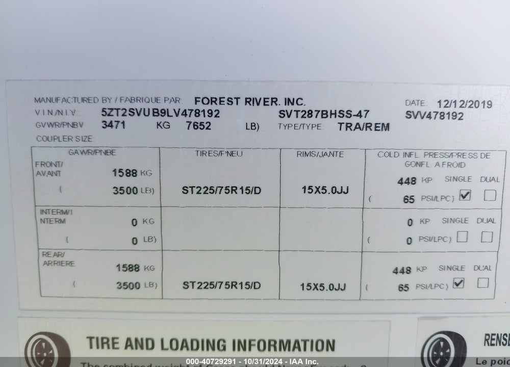 2020 FOREST RIVER SURVEYOR VIN: 5ZT2SVUB9LV478192