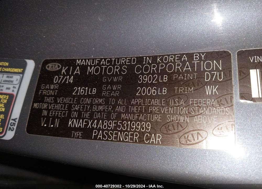 2015 KIA FORTE EX VIN: KNAFX4A89F5319939