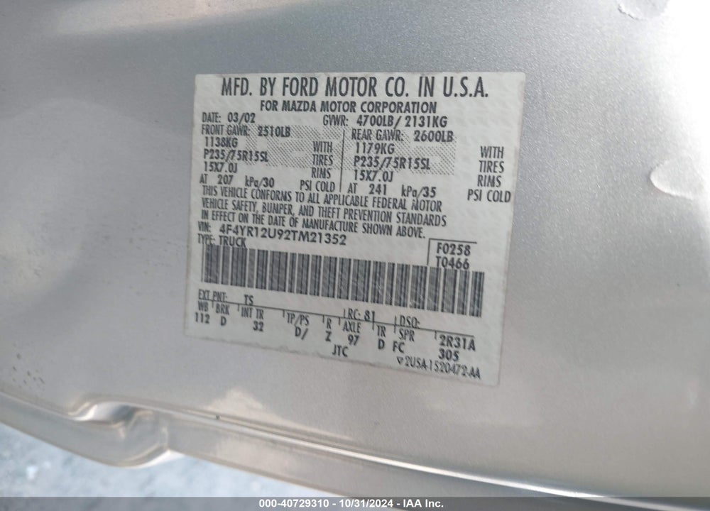 2002 MAZDA B3000 DS VIN: 4F4YR12U92TM21352