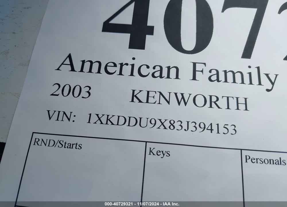 2003 KENWORTH CONSTRUCTION T800 VIN: 1XKDDU9X83J394153