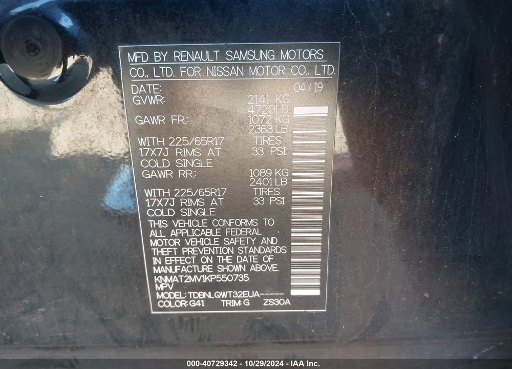 2019 NISSAN ROGUE SV VIN: KNMAT2MV1KP550735