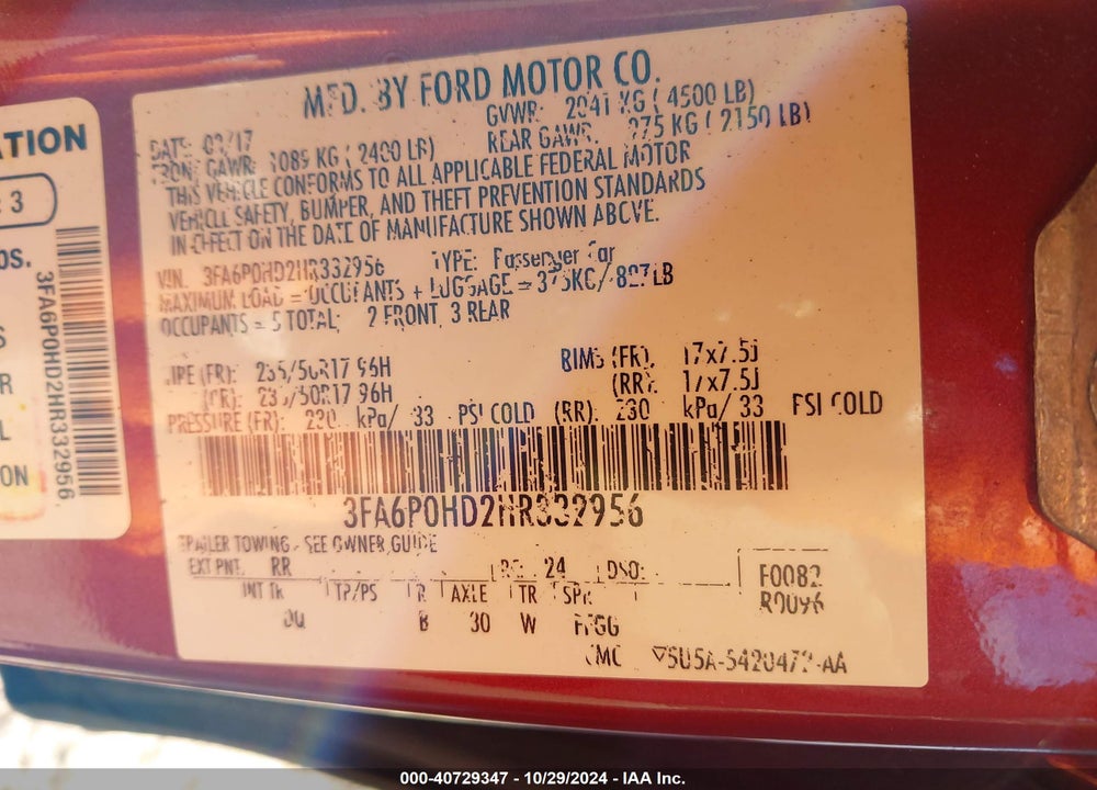2017 FORD FUSION SE VIN: 3FA6P0HD2HR332956
