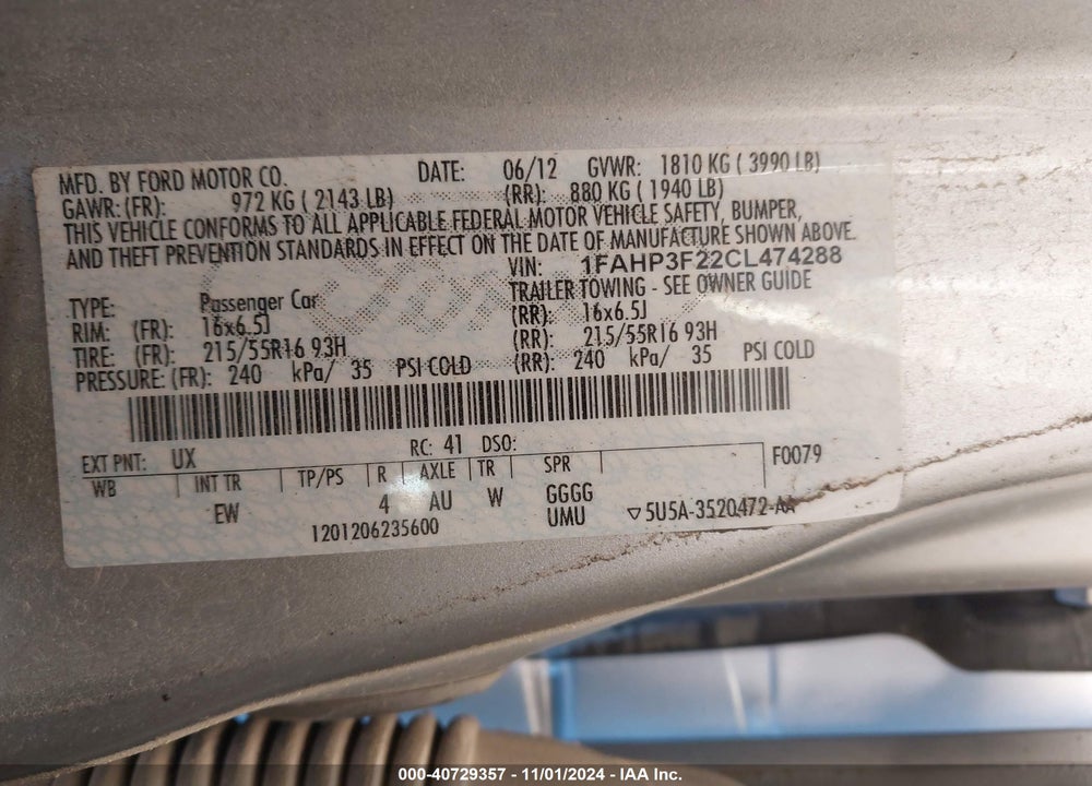 2012 FORD FOCUS SE VIN: 1FAHP3F22CL474288
