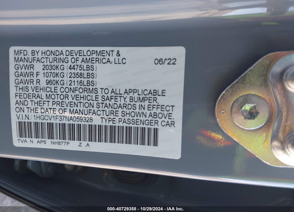 2022 HONDA ACCORD SPORT VIN: 1HGCV1F37NA059328