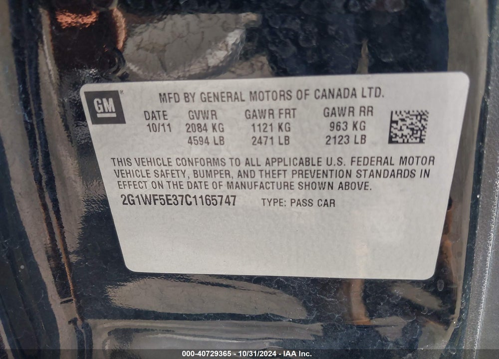 2012 CHEVROLET IMPALA LS FLEET VIN: 2G1WF5E37C1165747