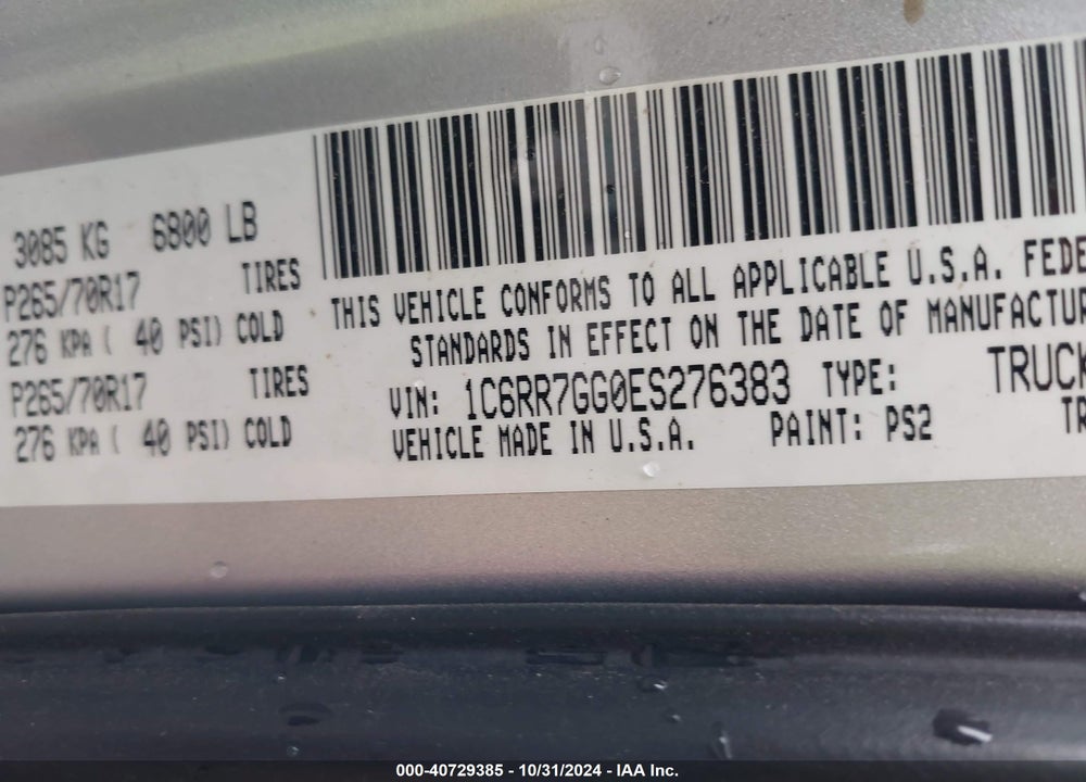 2014 RAM 1500 BIG HORN VIN: 1C6RR7GG0ES276383