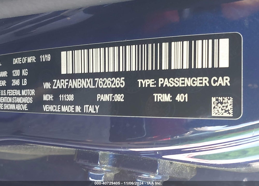 2020 ALFA ROMEO GIULIA VIN: ZARFANBNXL7626265