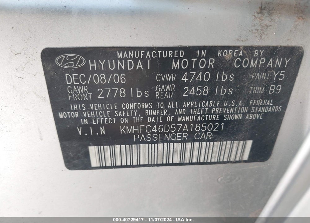 2007 HYUNDAI AZERA VIN: KMHFC46D57A185021