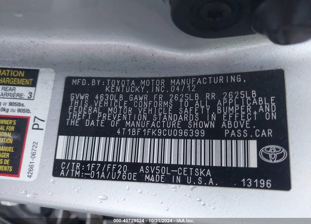 2012 TOYOTA CAMRY VIN: 4T1BF1FK9CU096399