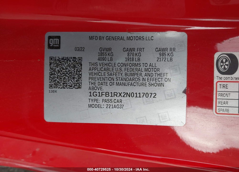 2022 CHEVROLET CAMARO RWD 1LT VIN: 1G1FB1RX2N0117072