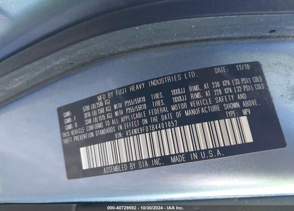 2011 SUBARU TRIBECA 3.6R PREMIUM VIN: 4S4WX9FD1B4401052