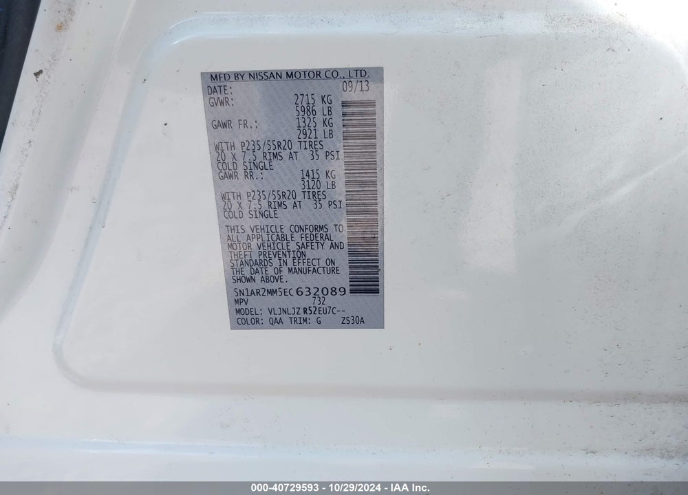 2014 NISSAN PATHFINDER PLATINUM VIN: 5N1AR2MM5EC632089