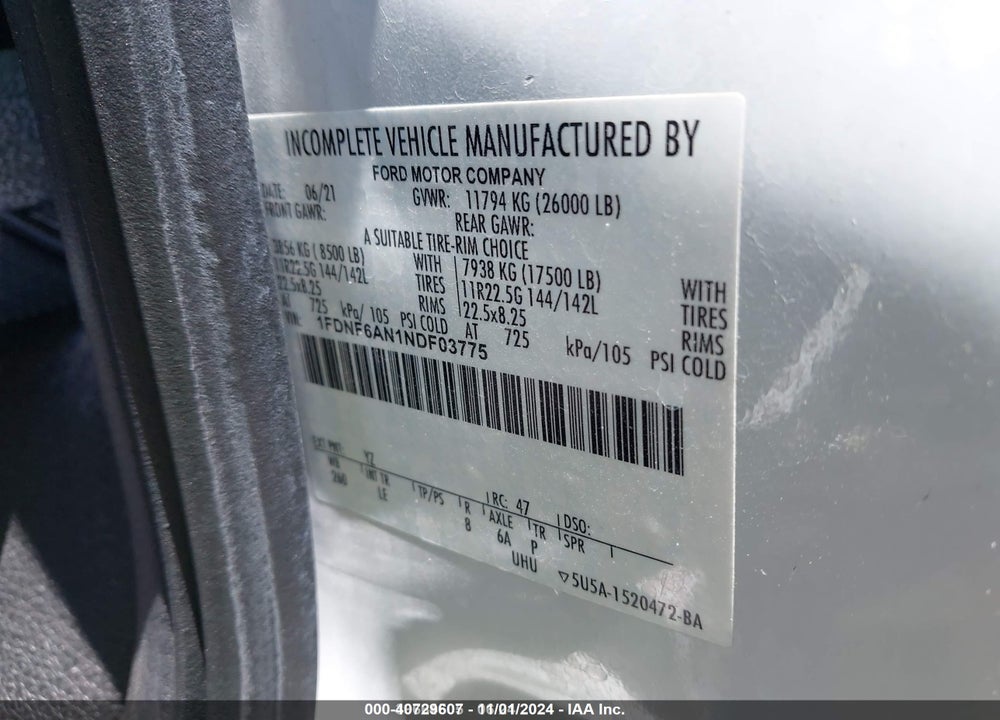 2022 FORD F-650 GAS VIN: 1FDNF6AN1NDF03775