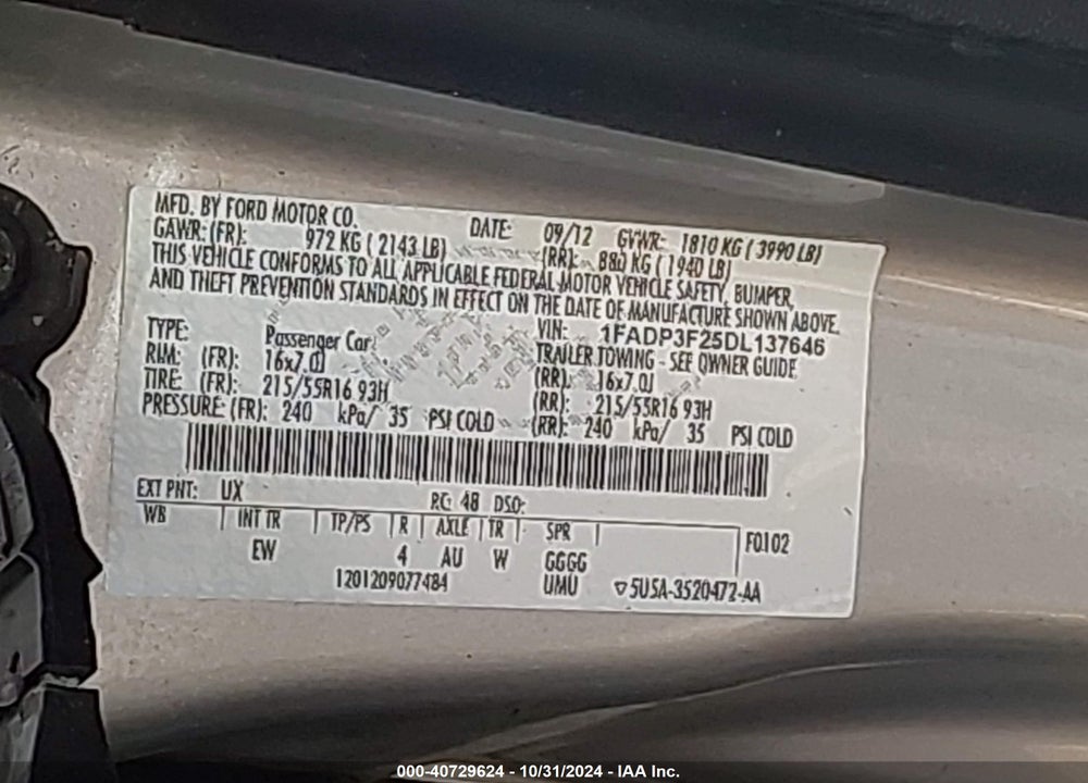 2013 FORD FOCUS VIN: 1FADP3F25DL137646