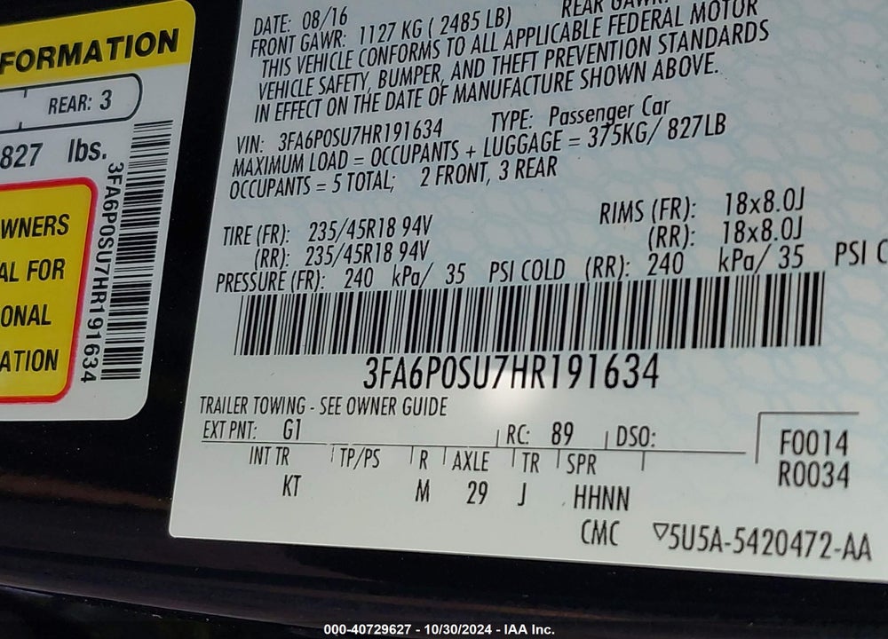 2017 FORD FUSION ENERGI TITANIUM VIN: 3FA6P0SU7HR191634