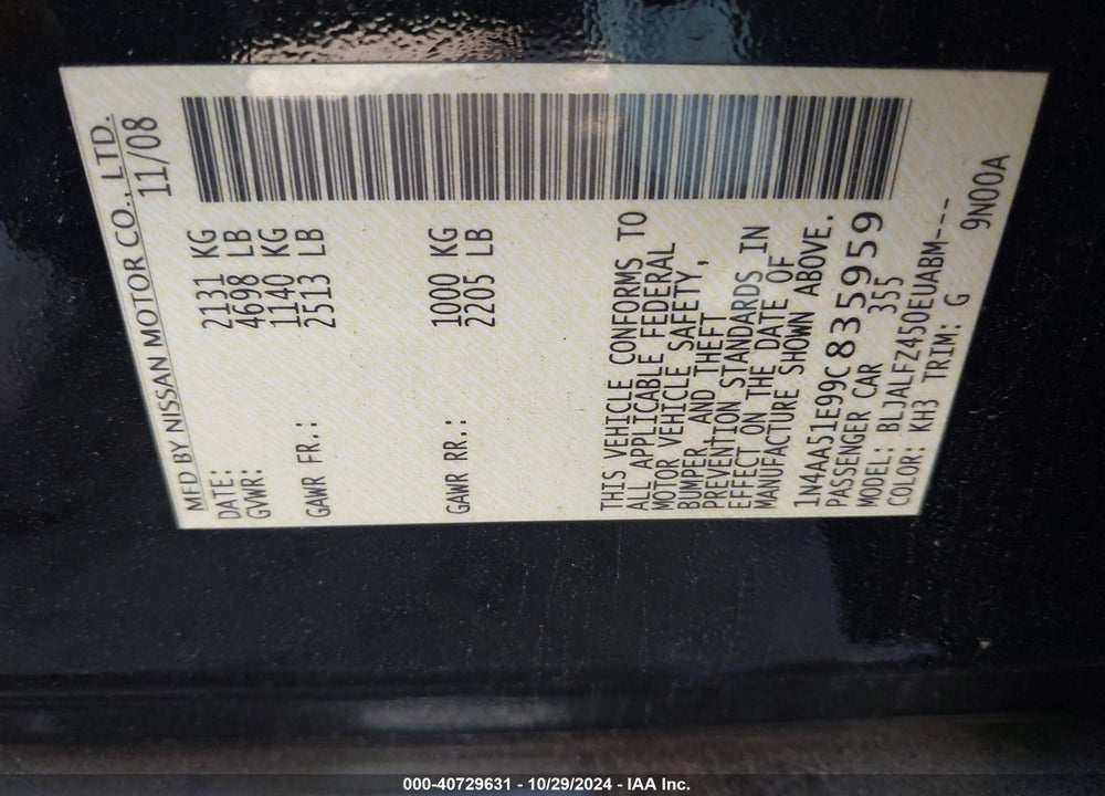 2009 NISSAN MAXIMA 3.5 SV VIN: 1N4AA51E99C835959