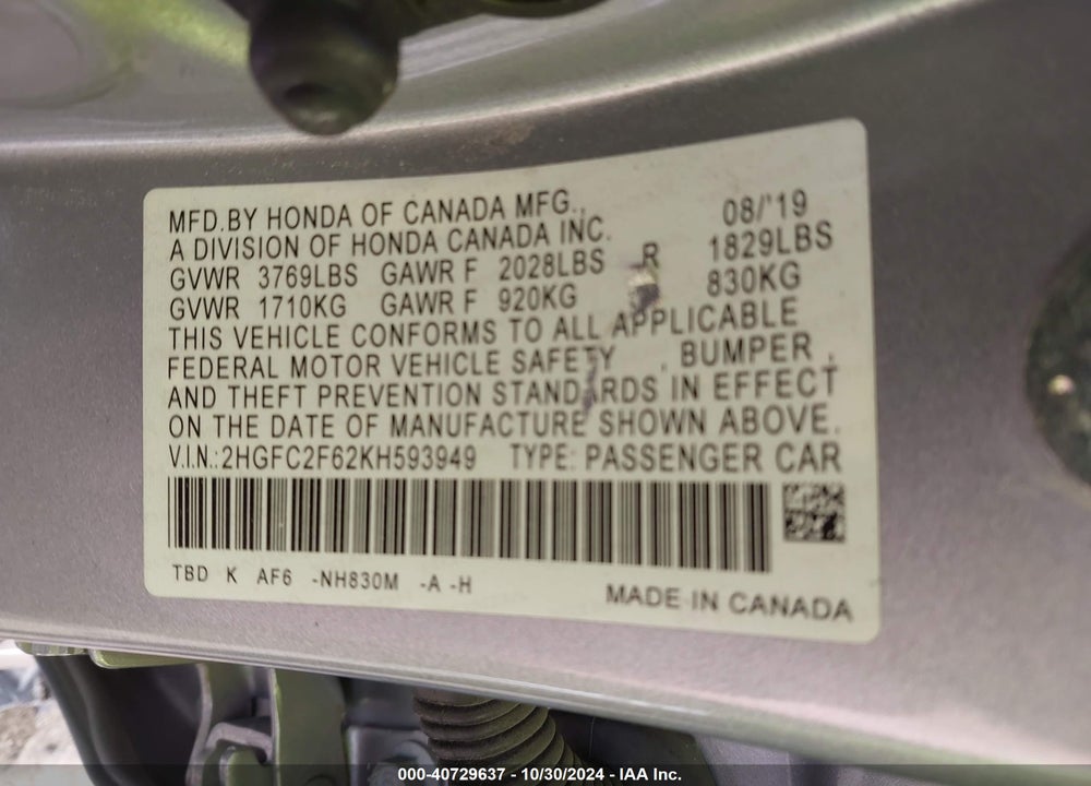2019 HONDA CIVIC VIN: 2HGFC2F62KH593949