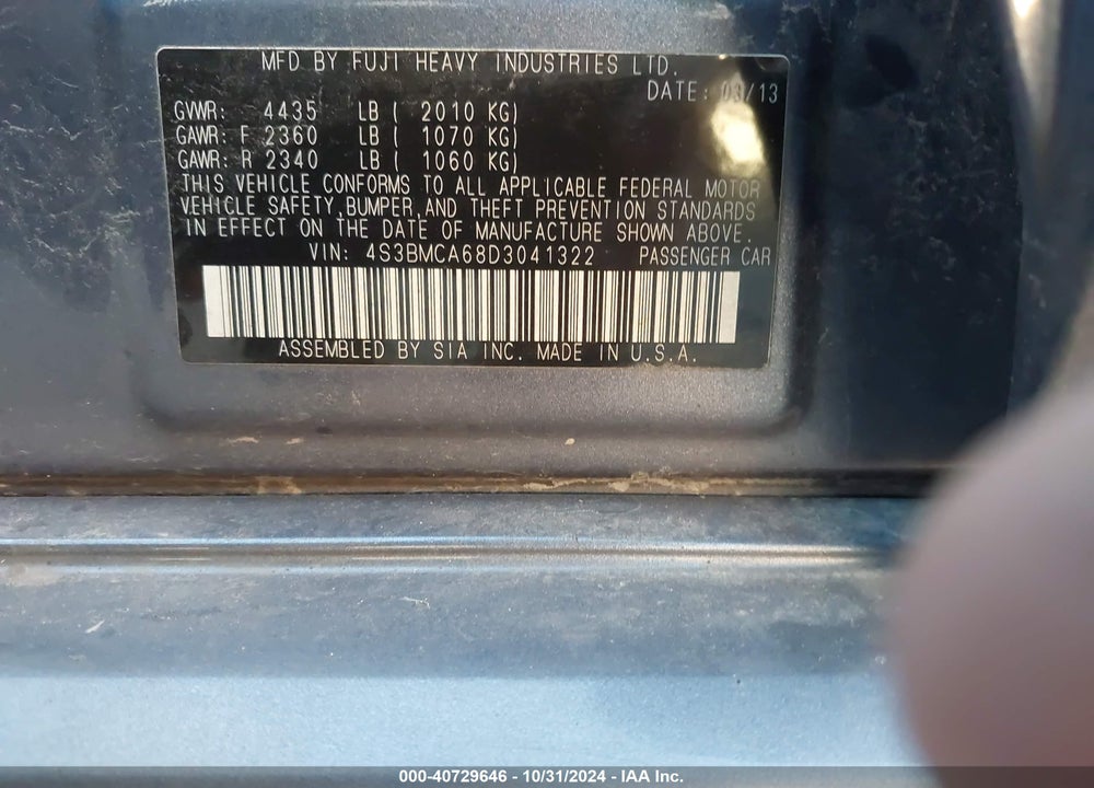 2013 SUBARU LEGACY 2.5I VIN: 4S3BMCA68D3041322