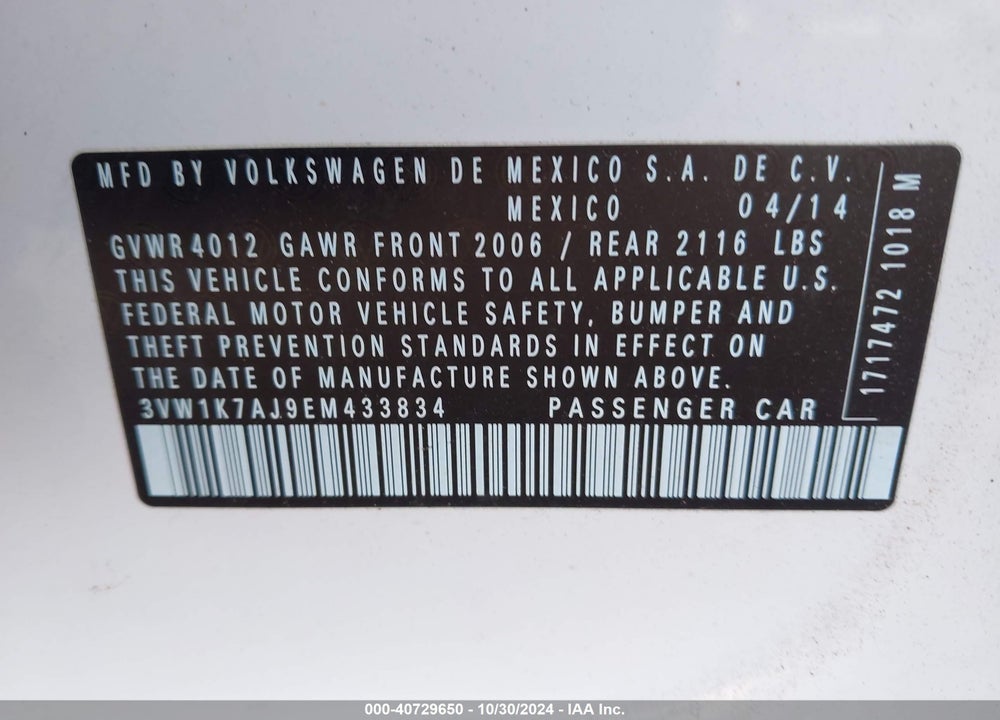 2014 VOLKSWAGEN JETTA 2.0L S VIN: 3VW1K7AJ9EM433834
