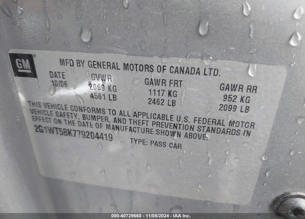 2007 CHEVROLET IMPALA VIN: 2G1WT58K779204419