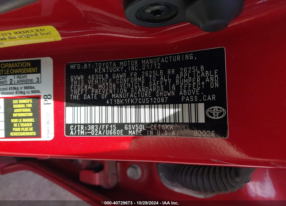 2012 TOYOTA CAMRY SE V6 VIN: 4T1BK1FK7CU512087