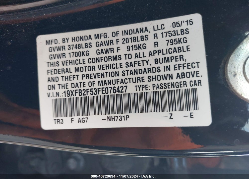 2015 HONDA CIVIC LX VIN: 19XFB2F53FE076427
