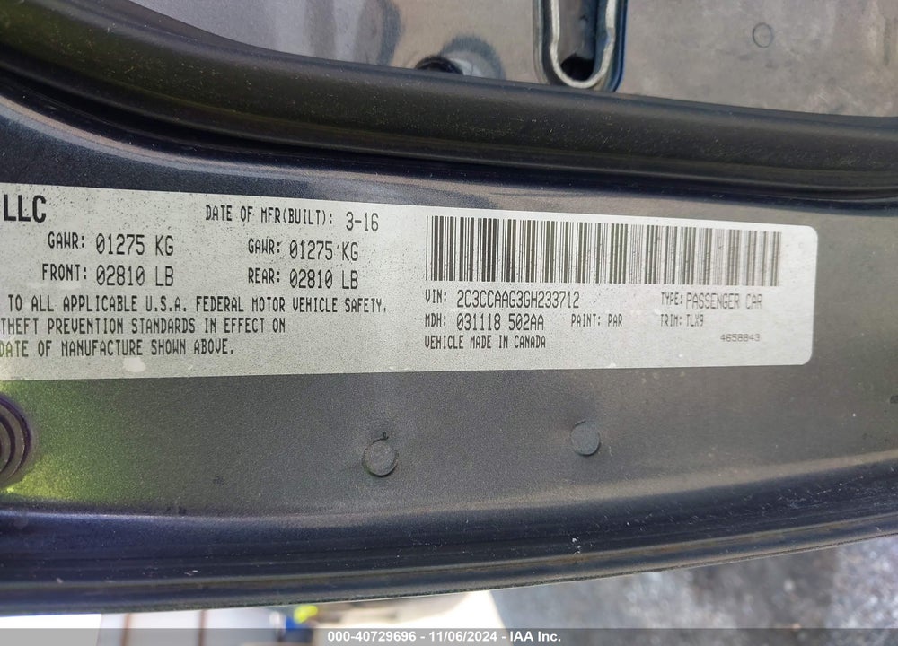 2016 CHRYSLER 300 LIMITED VIN: 2C3CCAAG3GH233712