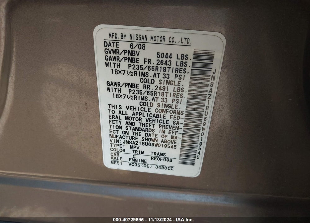 2009 NISSAN MURANO SL VIN: JN8AZ18U69W019545